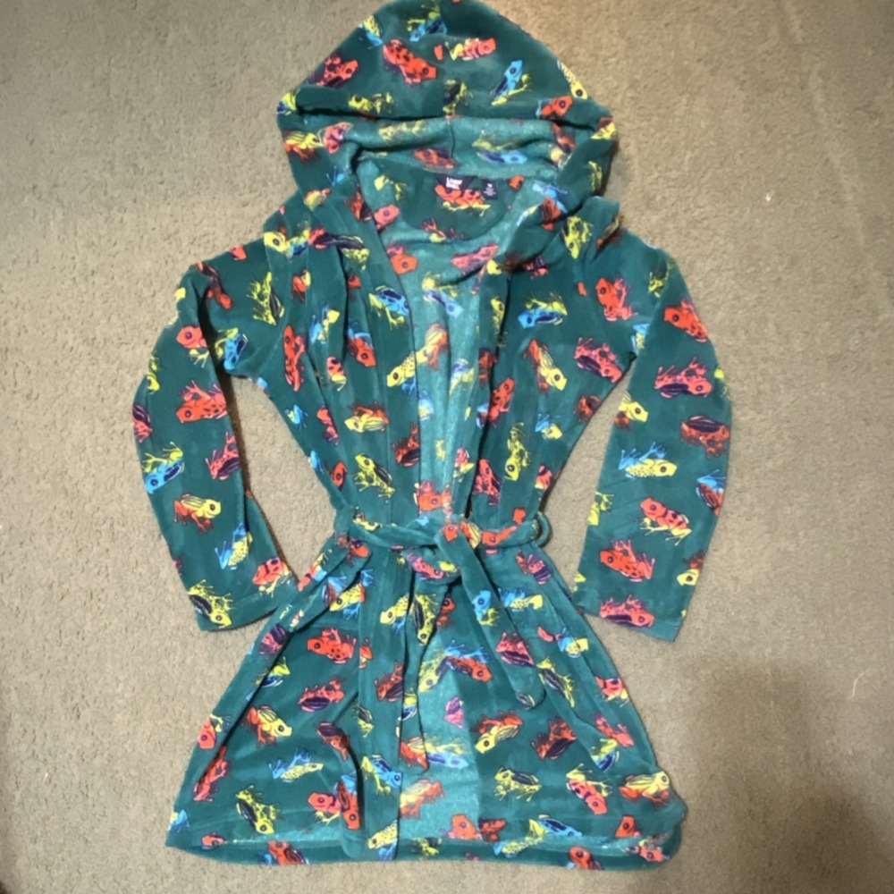 Lands' End Kids Hooded Fleece Robe Green with colorful FROGS  Size 18 kids